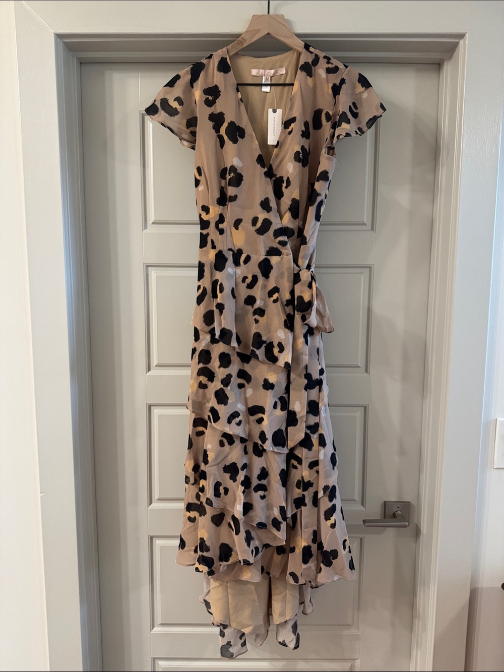 NWT Anthropologie LALA Beige and Black Leopard-Print High-Low Wrap Dress